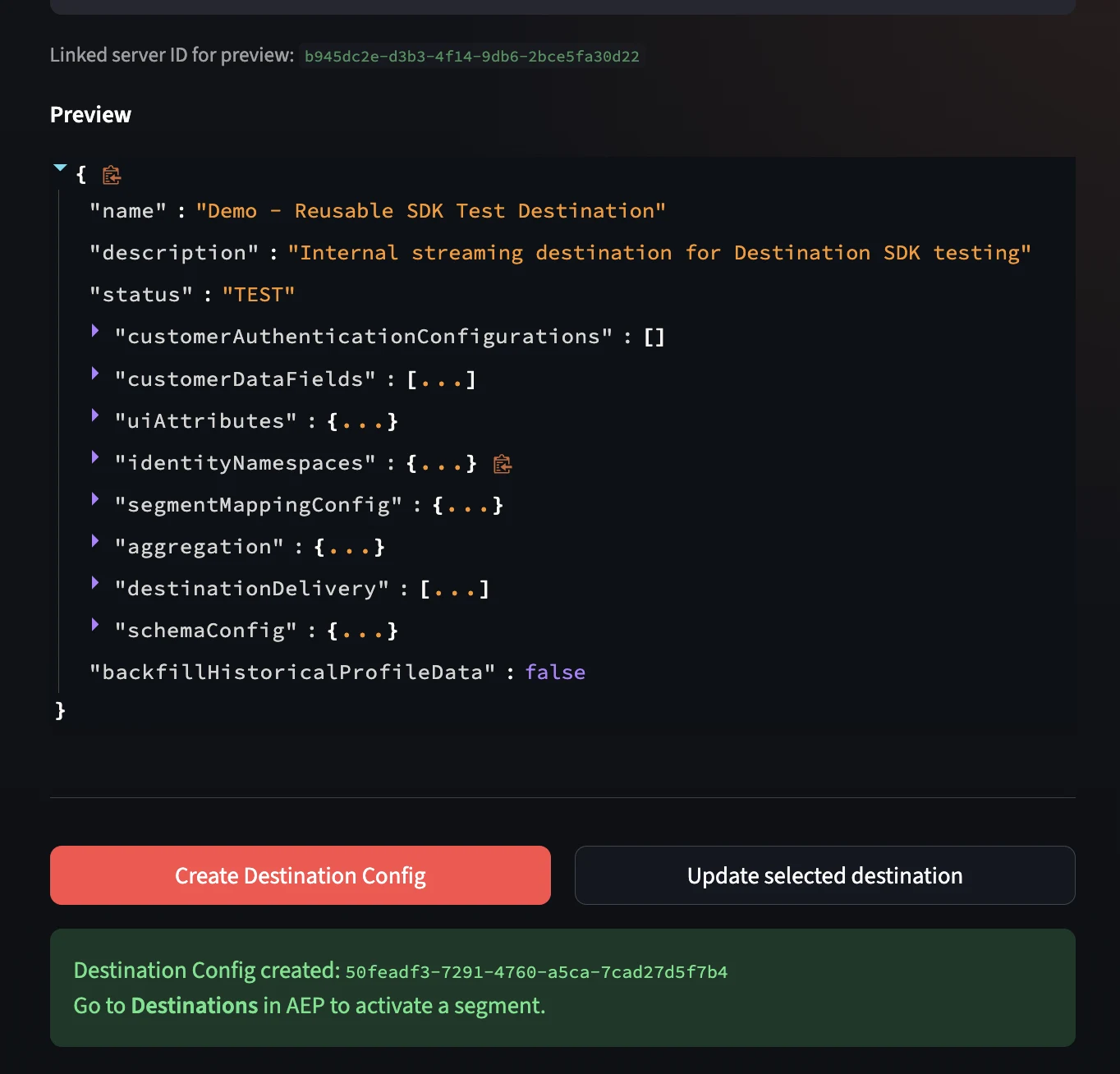 Tool — tabblad Destination Config: preset ‘ECID + Hashed Email Activation’, destination-ID in context